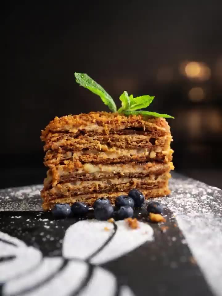 Medovik honey cake layers stacking
